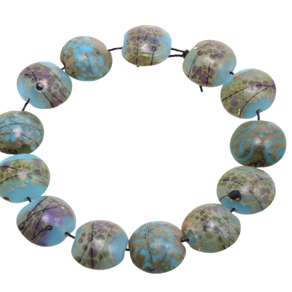 Handmade Lampwork Glass Lentil Beads 18x20mm - Grace Ma - Turquoise Purple Multicolor Strand of 13