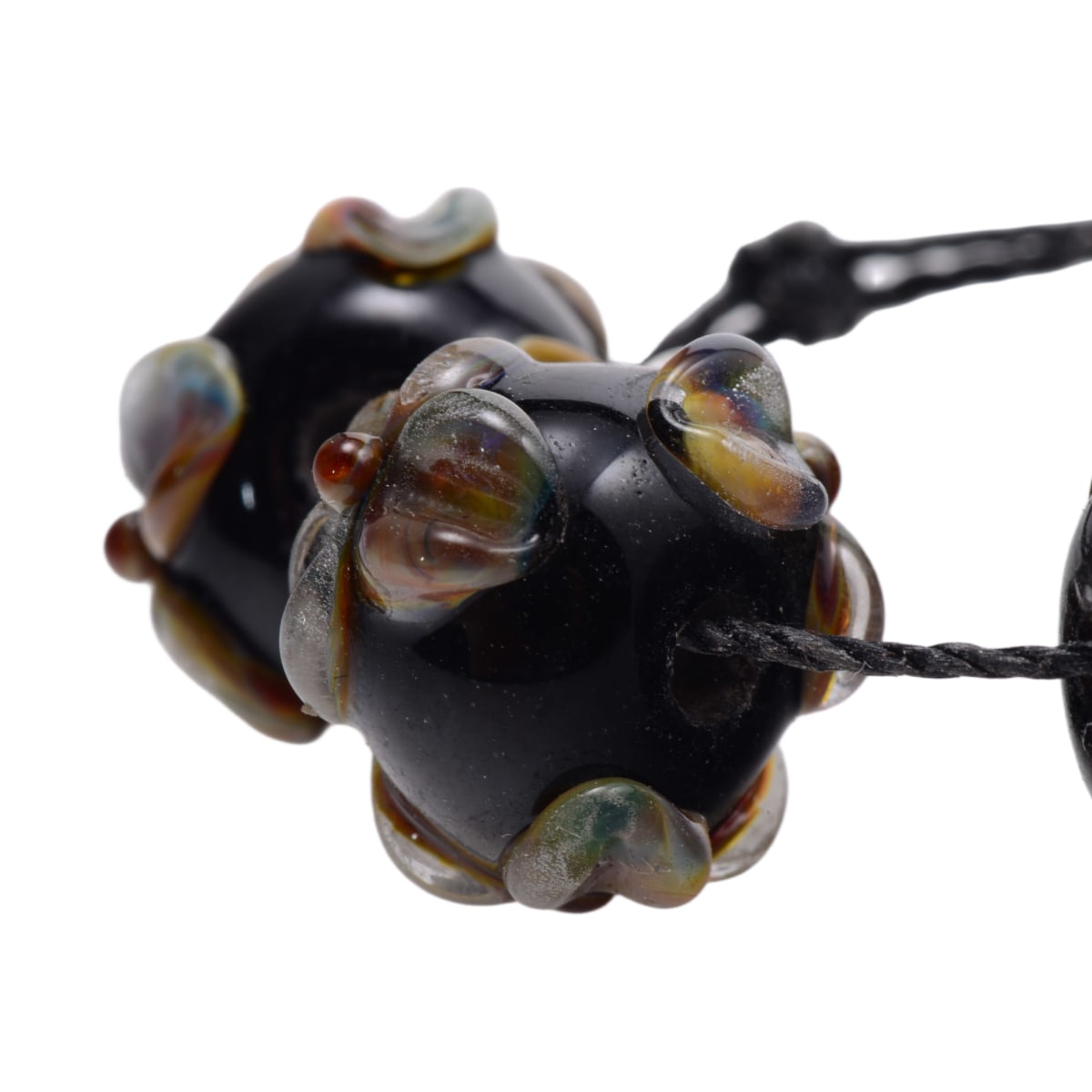 Lampwork Glass Flower Rondelle Beads - Black Multicolor 9x15mm - Set of 5 Handmade Art Glass Beads