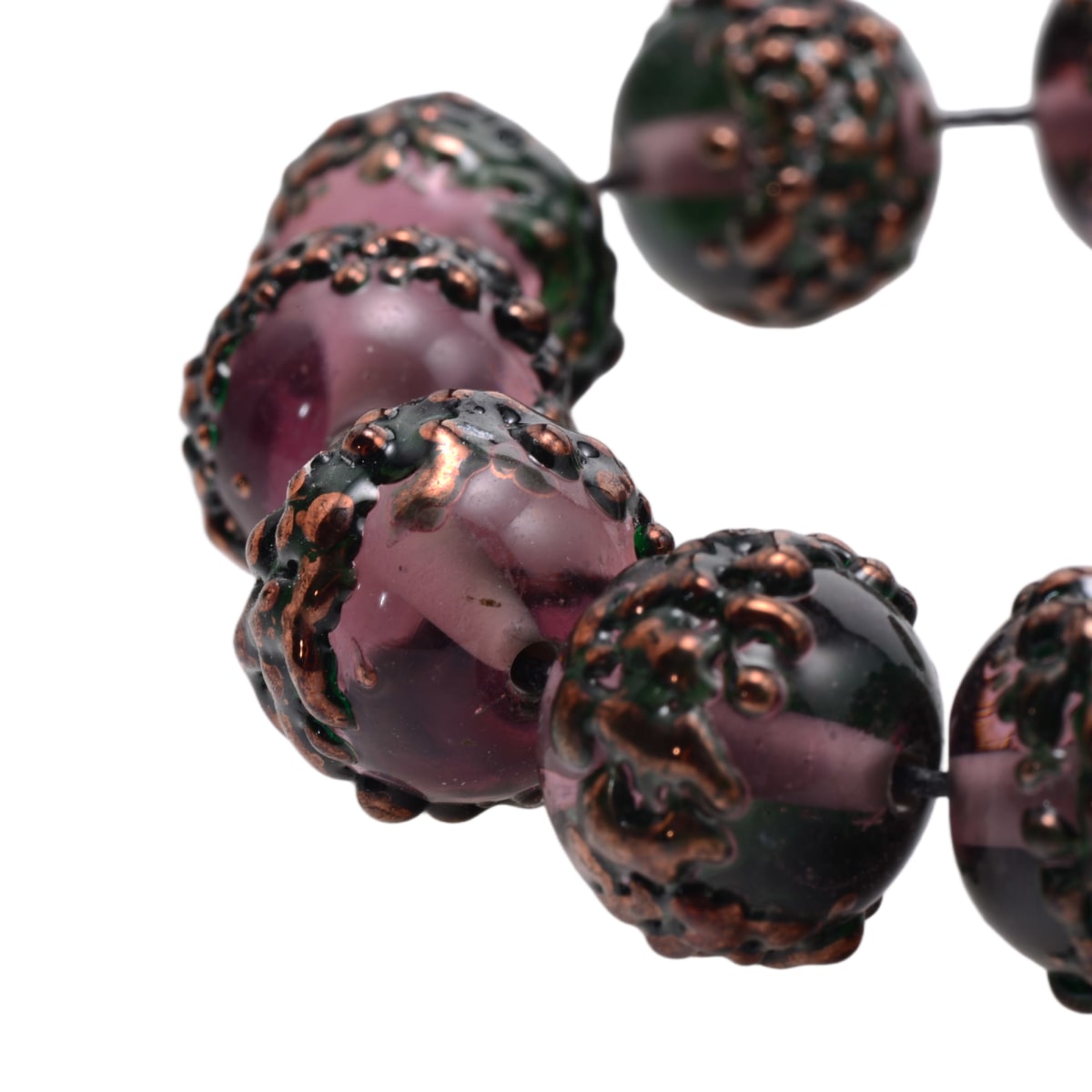 Handcrafted Lampwork Glass Bead Strand - Pink Purple with Copper Accents - 11 Round Artisan Beads