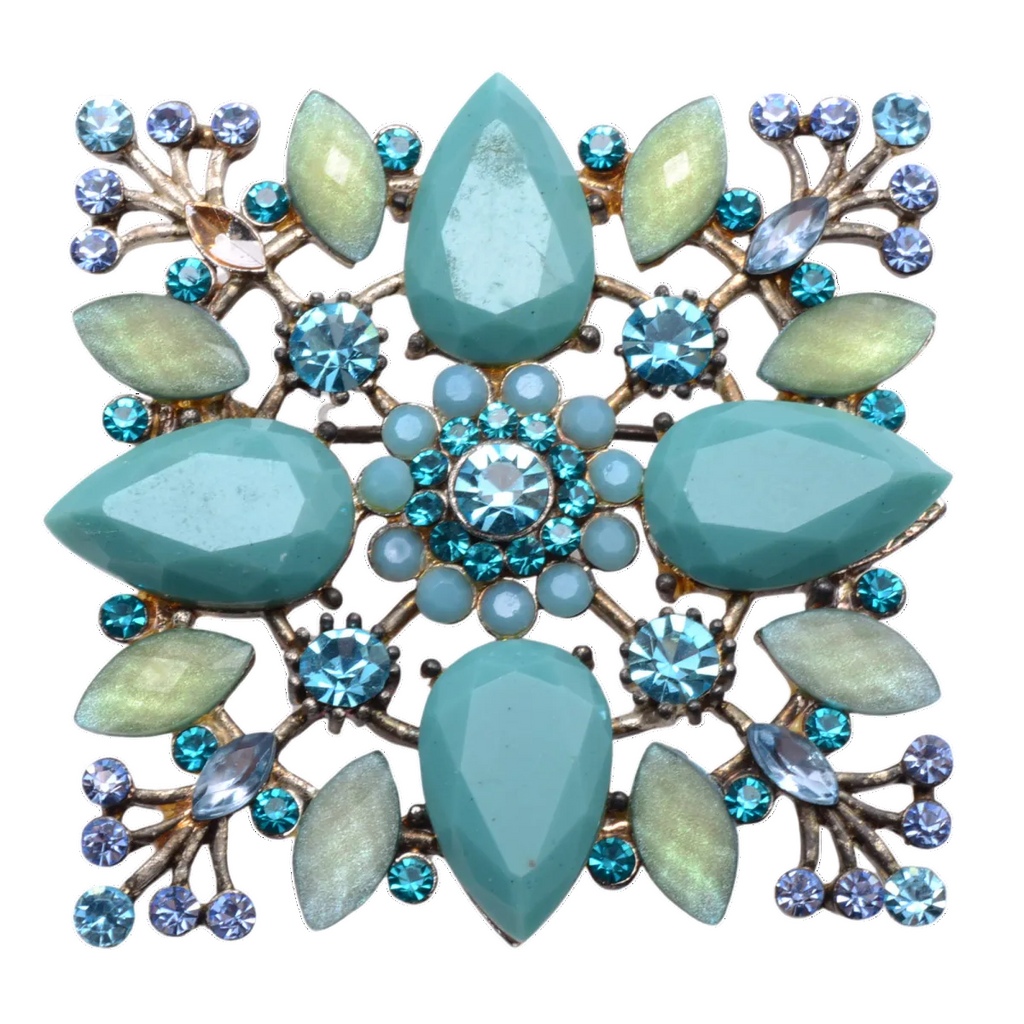 Vintage Style Turquoise Stone Blue Rhinestone Brooch Pin 47mm - Natural Gemstone Statement Pin