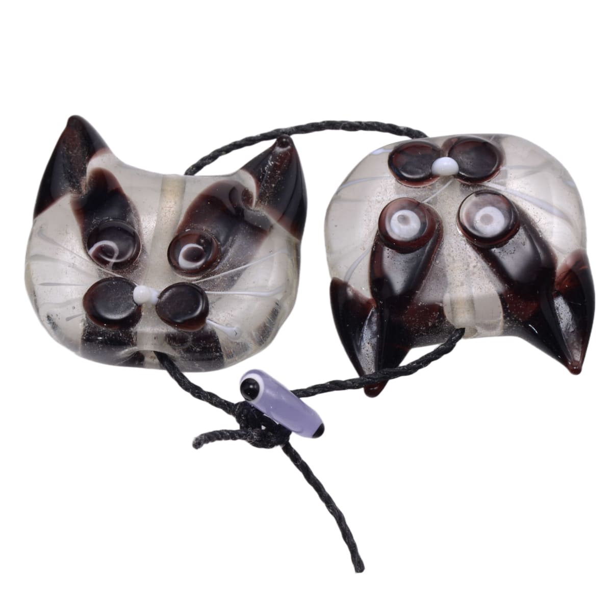 Lampwork Glass Cat Head Beads - Black White Brown Swirl Pattern 22mm - Set of 2 Handmade Art Glass Animal Beads