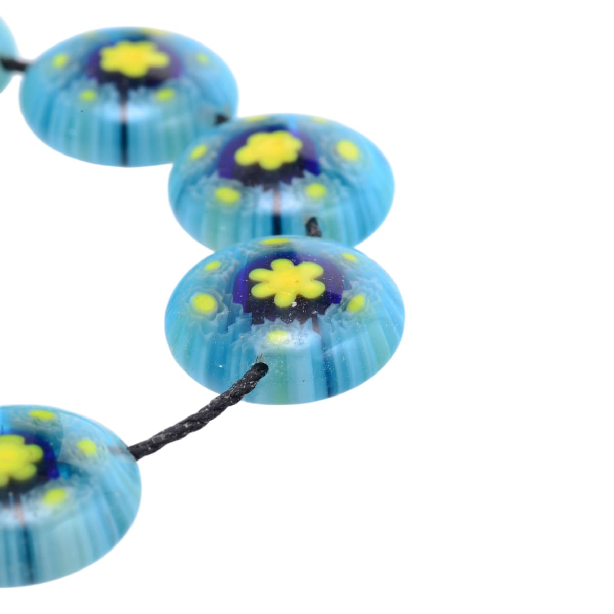 Lampwork Glass Coin Beads: Turquoise Blue with Yellow Flower Design 13mm - Set of 9