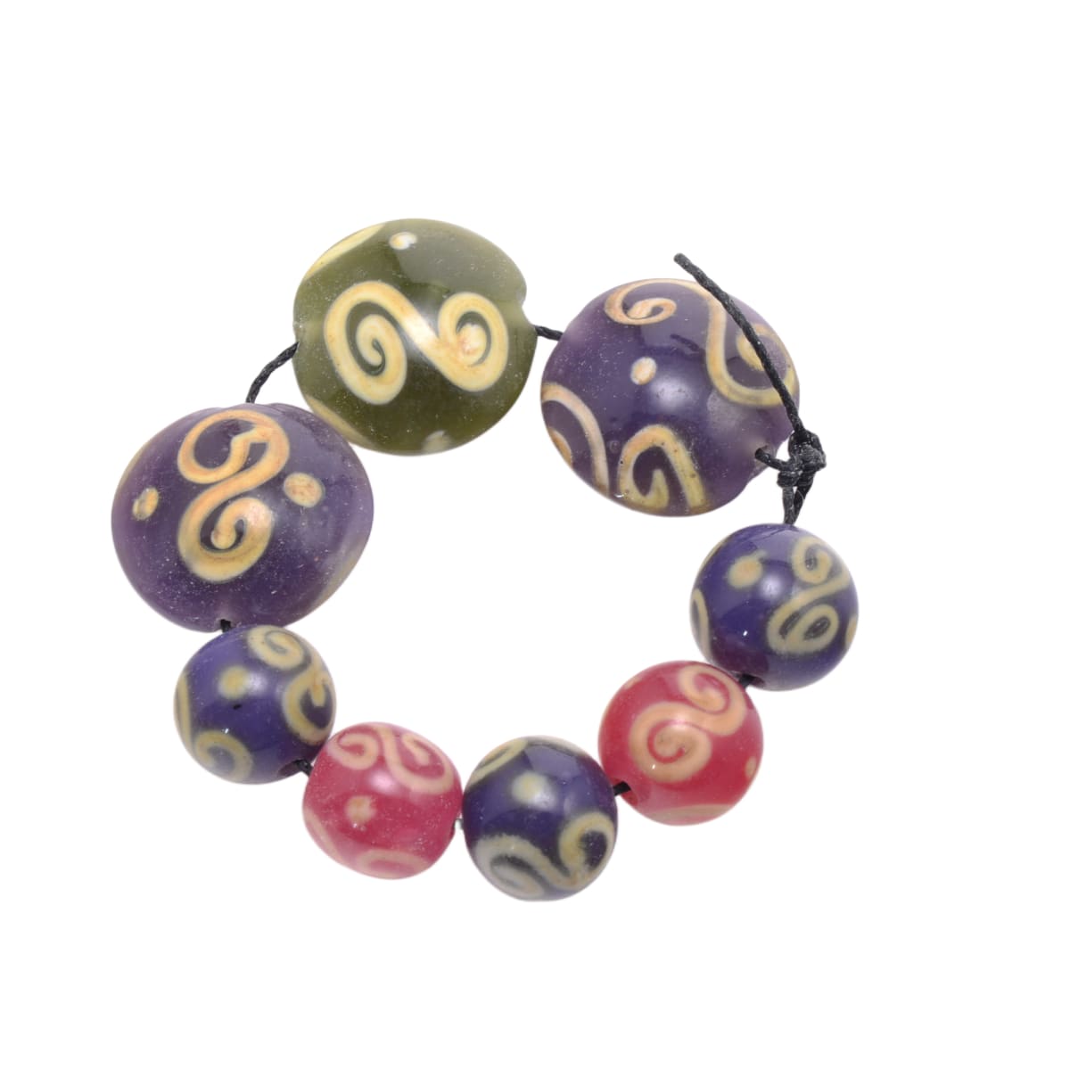 Lampwork Glass Mixed Shape Beads: Purple Pink Green with Gold Swirl Design - 8 Bead Set