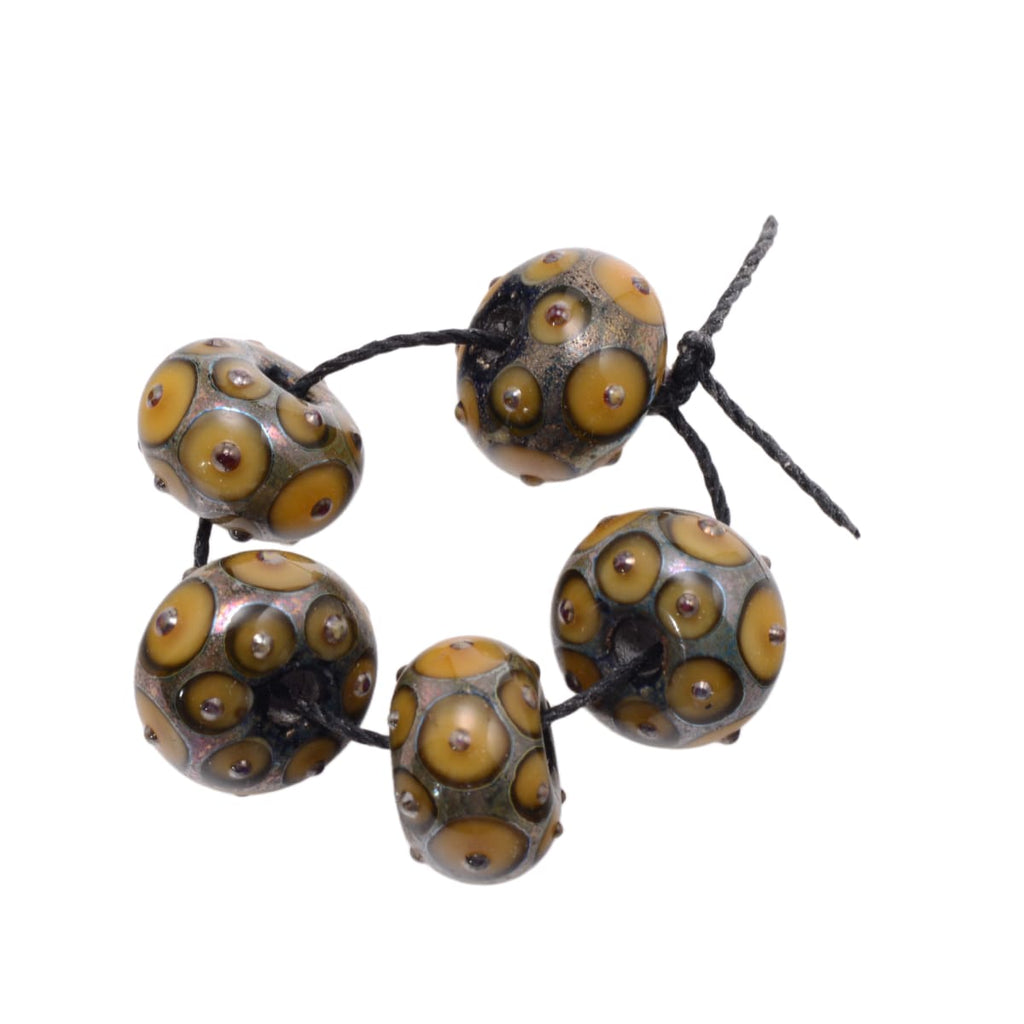 Lampwork Glass Golden Amber Dot Rondelle Beads 9mm x 14mm - Set of 5 Premium Art Glass Beads
