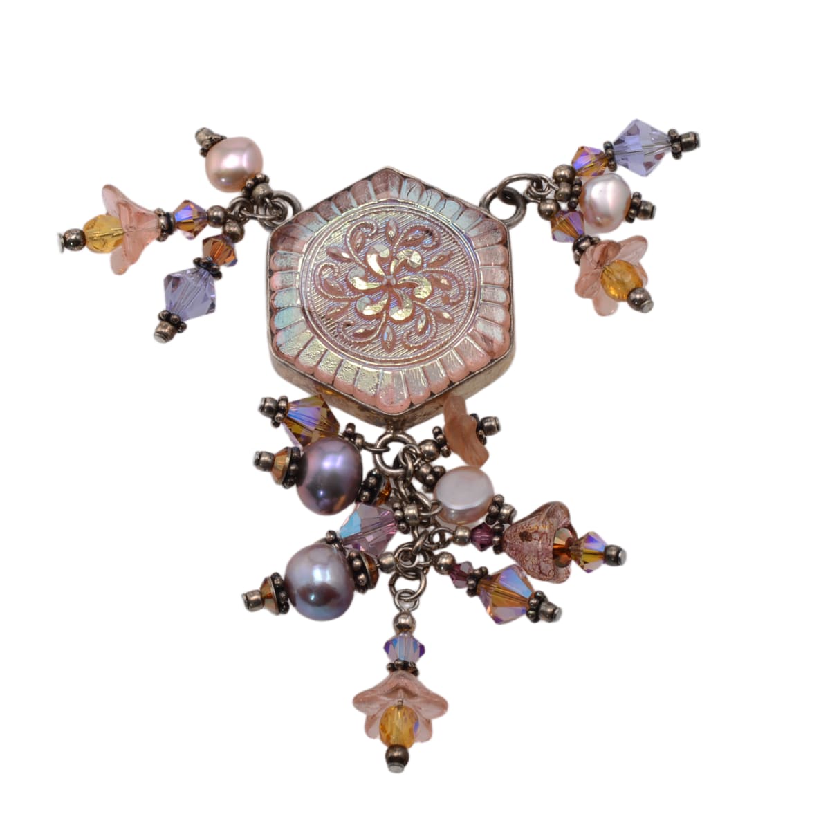 Sterling Silver Art Glass Cabochon Brooch with Pearl Tassels - 69mm Vintage Style Pin