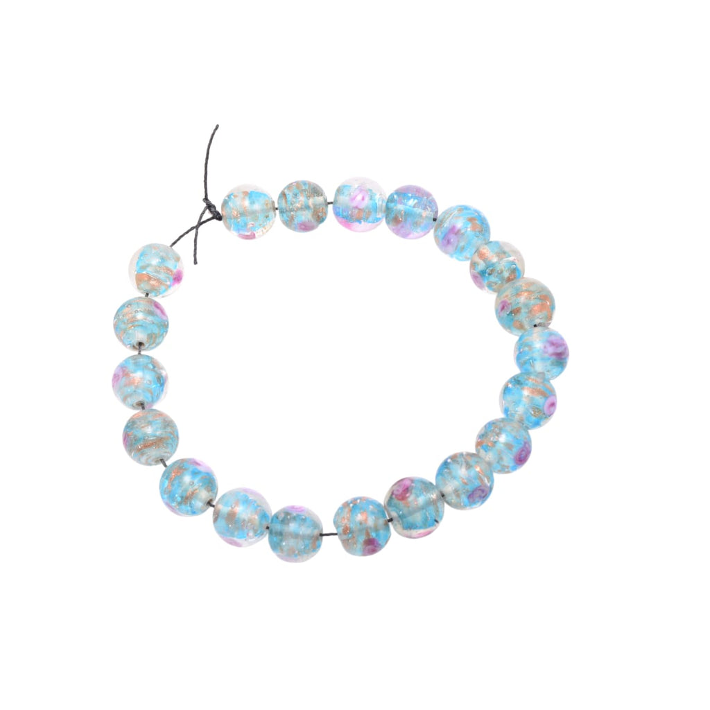 Lampwork Glass Round Beads 14mm Aqua Purple Copper Floral - Set of 20