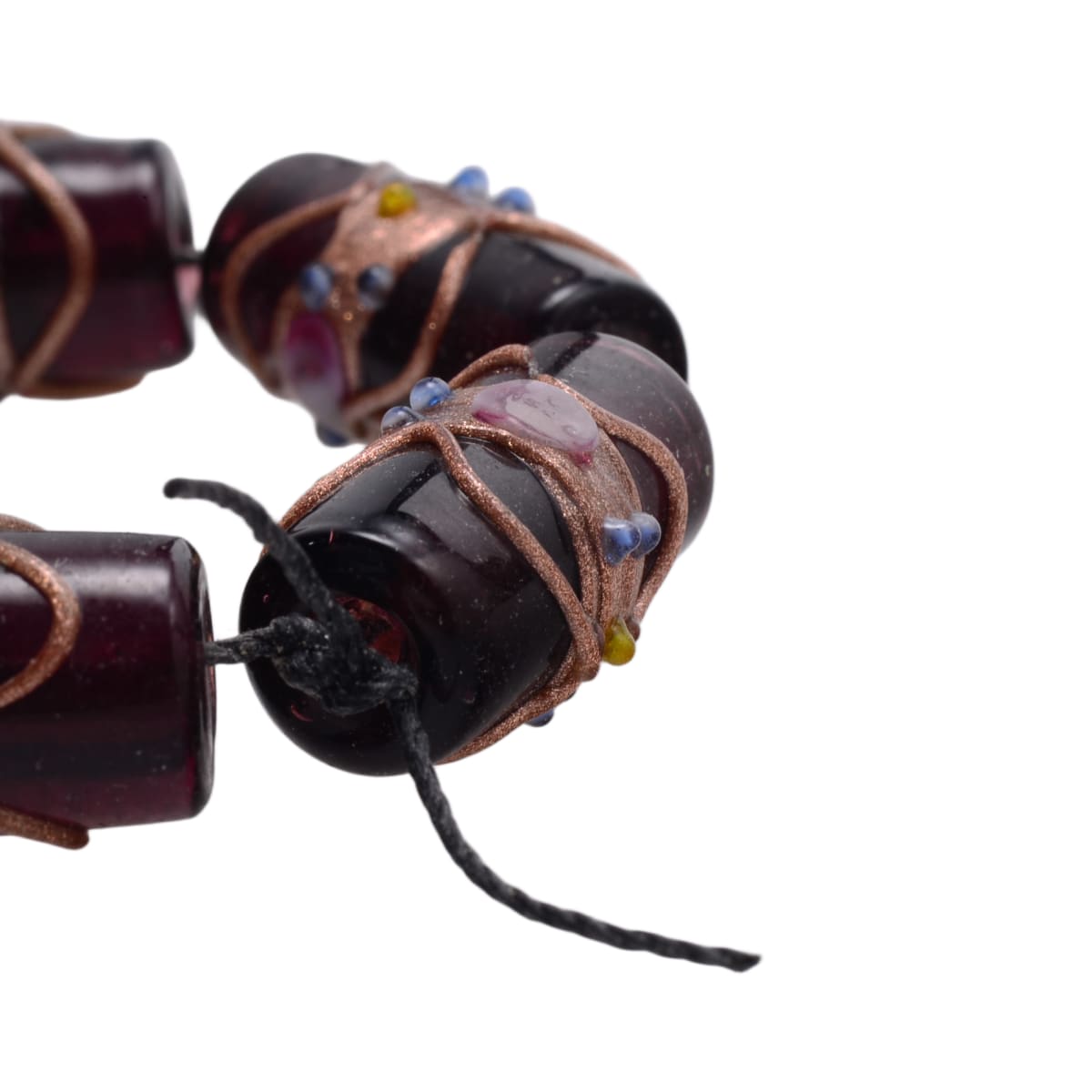 Artisan Lampwork Glass Cylinder Beads - Dark Purple with Copper Wire Detail - 6 Large 12x23mm Beads