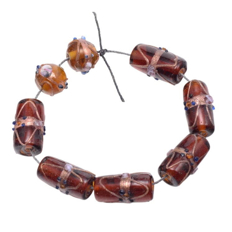 Lampwork Glass Beads: Amber Brown Cylinder & Round Mix with Copper Accents - 8 Bead Strand