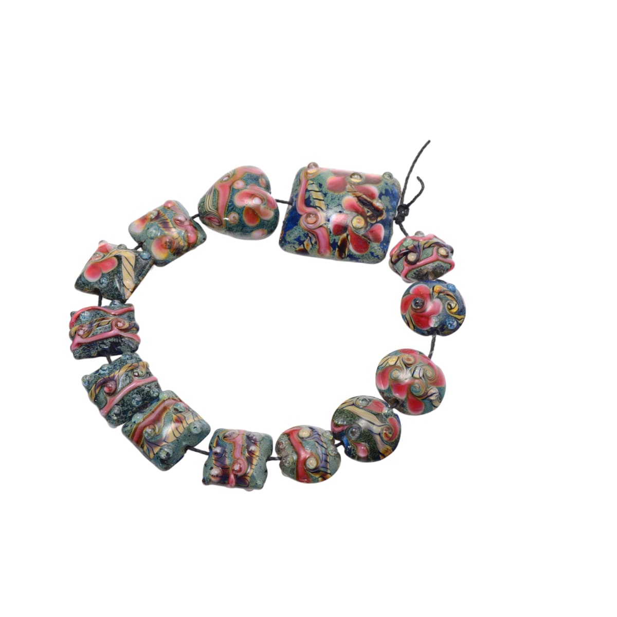 Grace Ma Handmade Lampwork Glass Bead Strand - Floral Teal Pink Gold 13 Beads Mixed Shapes