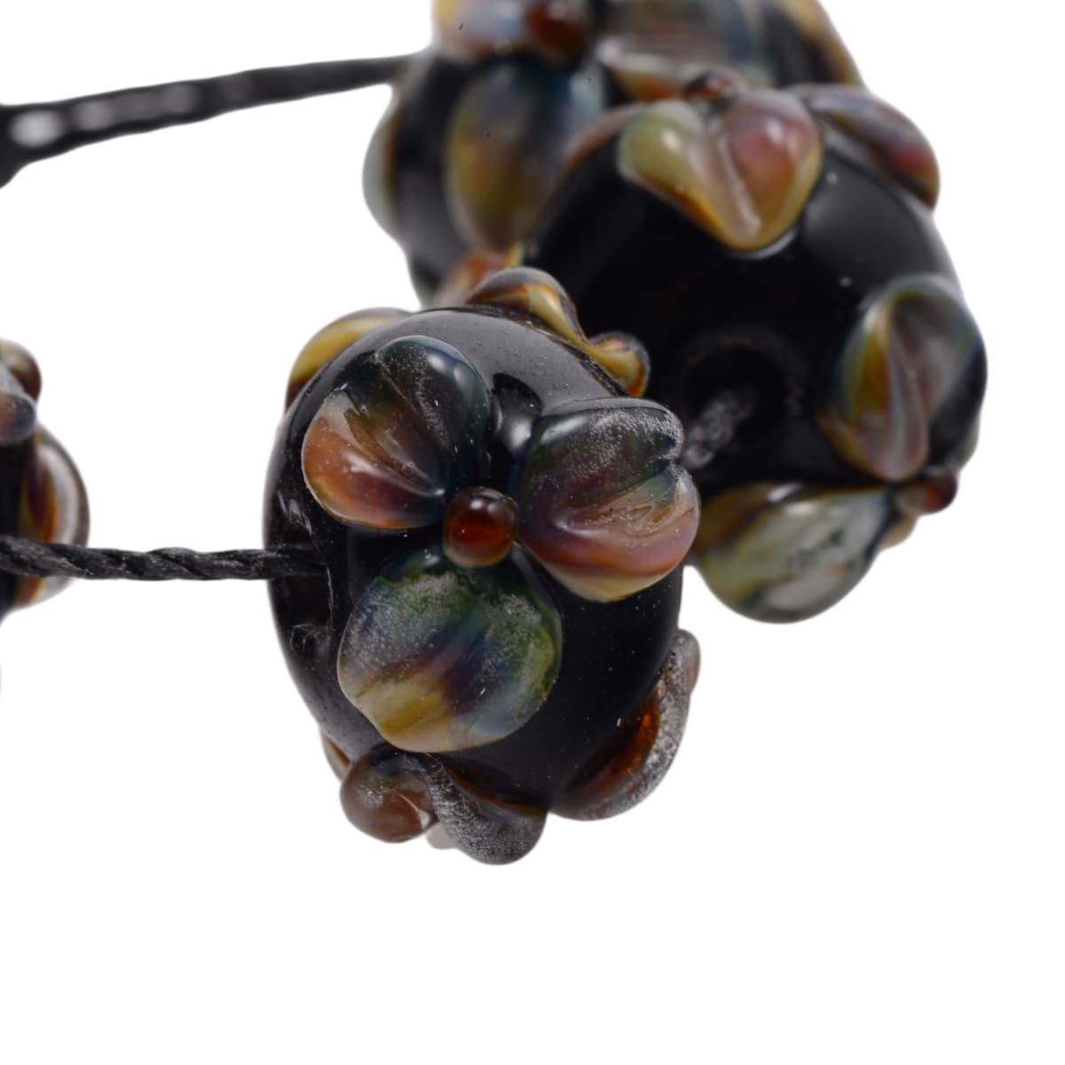 Lampwork Glass Flower Rondelle Beads - Black Multicolor 9x15mm - Set of 5 Handmade Art Glass Beads